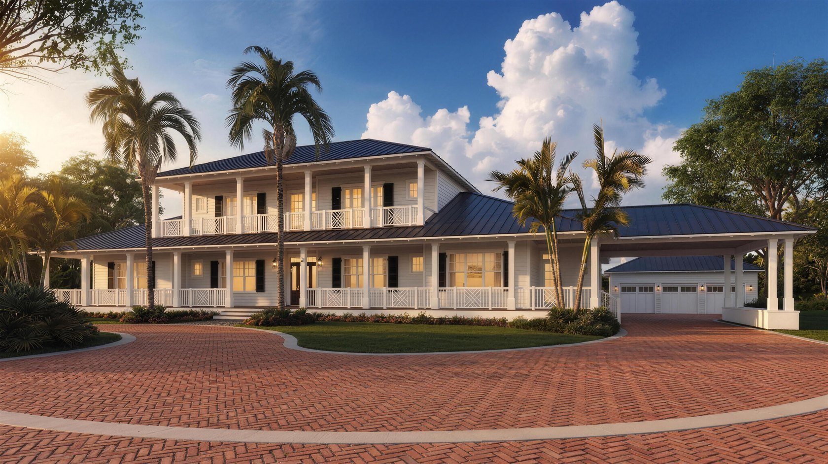 Custom estate home front elevation with a circular paver drive, drafted by Blue Line Drafting