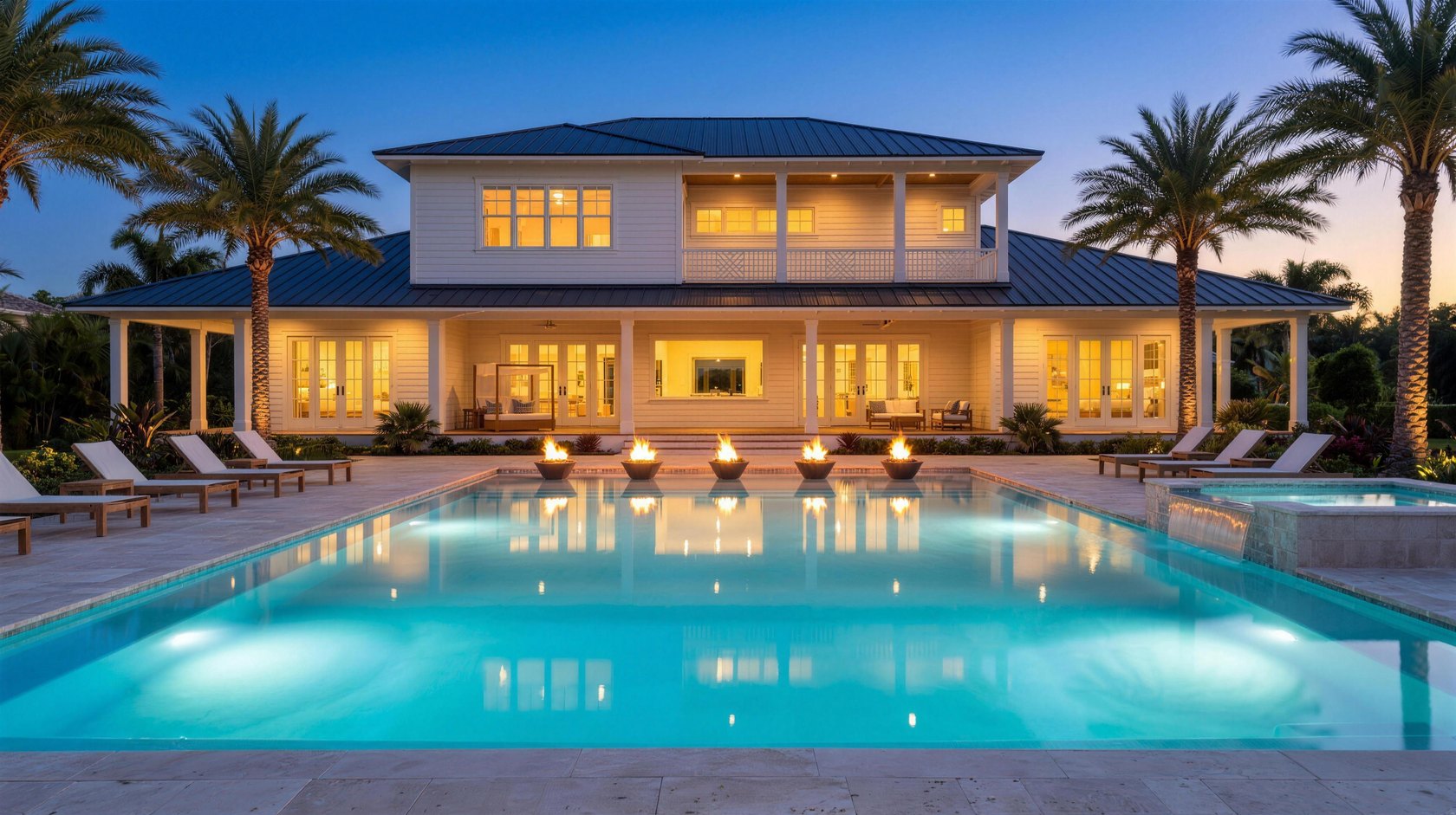 Twilight rear elevation of a custom estate with a resort style pool, fire bowls and a covered lanai, drafted by Blue Line Drafting