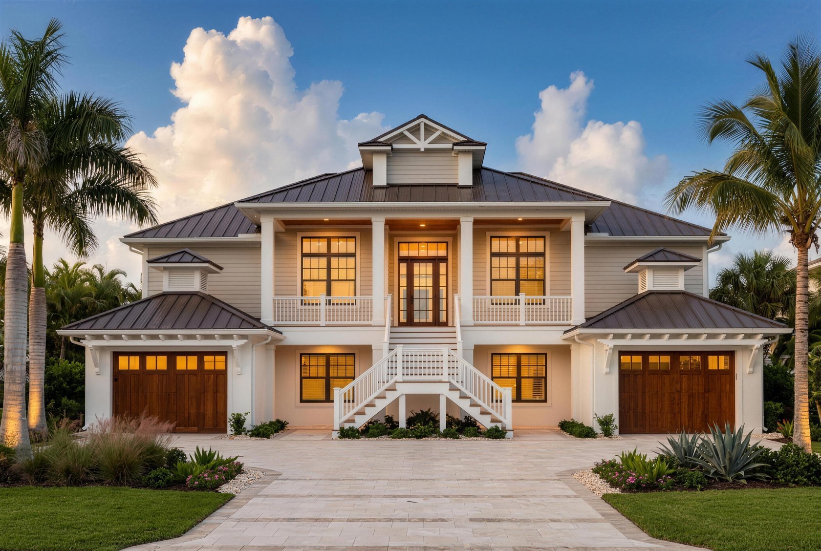 Elevated Key West style coastal home with a double entry stair, drafted by Blue Line Drafting