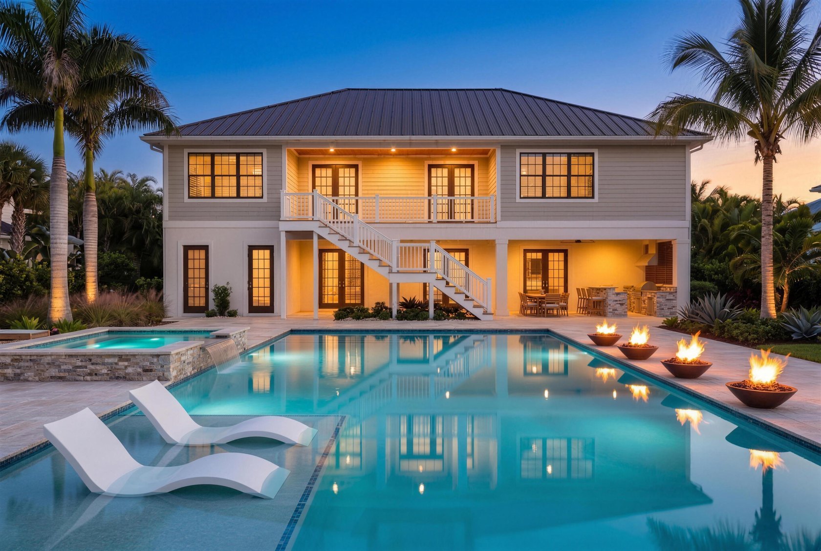 Twilight pool and spa with fire bowls at an elevated coastal home, drafted by Blue Line Drafting