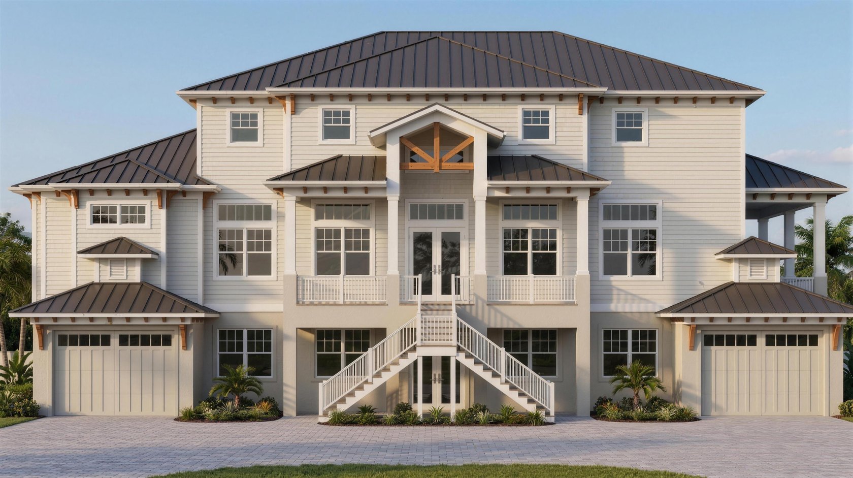 Coastal custom home with standing seam roof, drafted by Blue Line Drafting