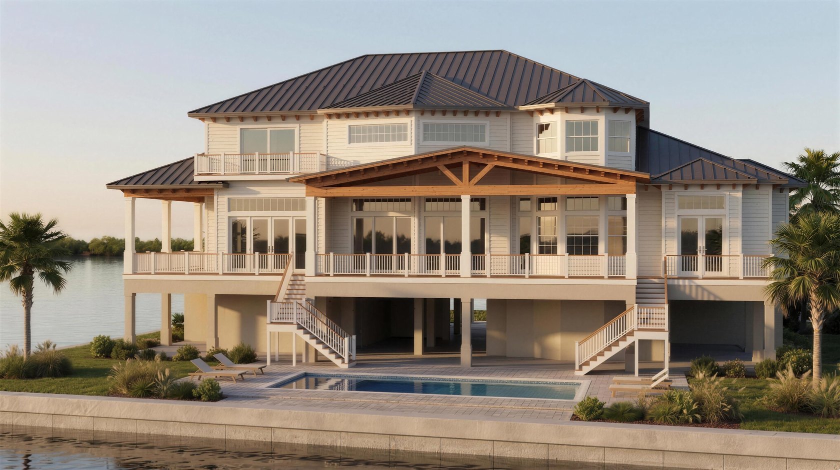 Coastal custom home rear elevation and pool, drafted by Blue Line Drafting