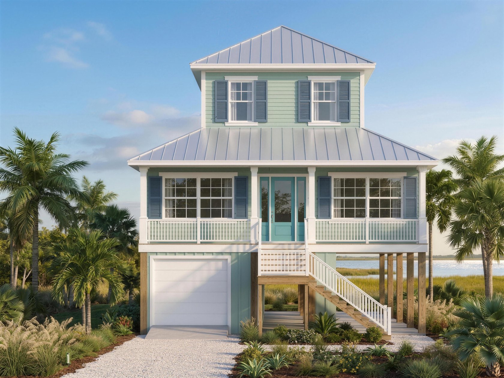 Island custom home elevation, drafted by Blue Line Drafting