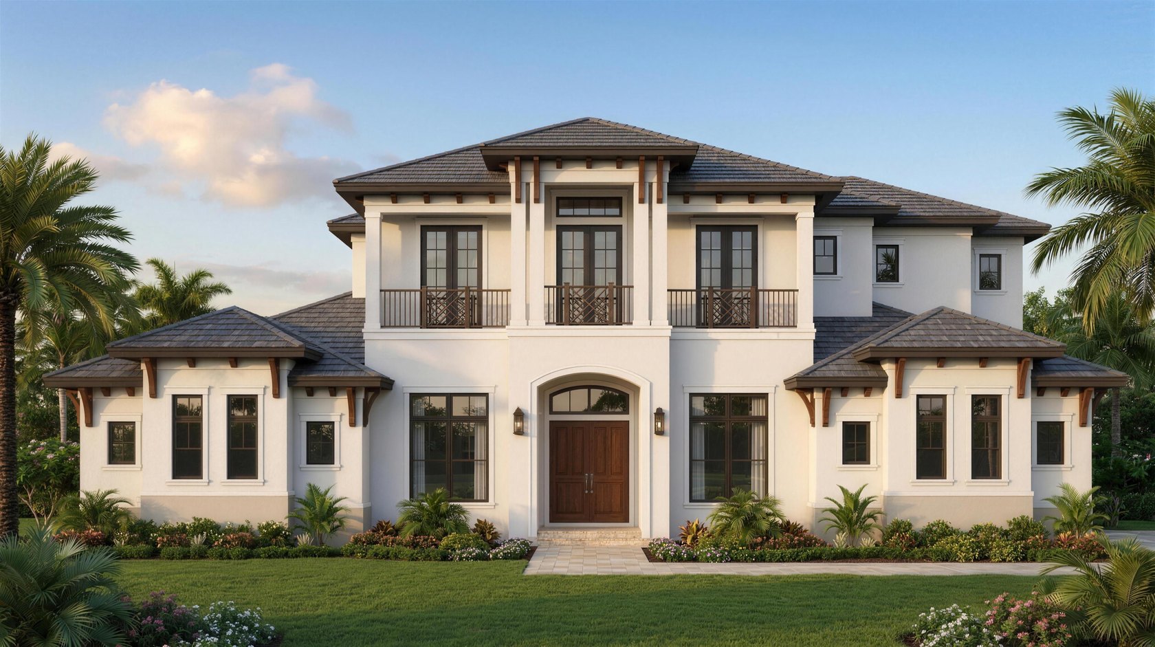 Two story custom estate home front elevation, drafted by Blue Line Drafting
