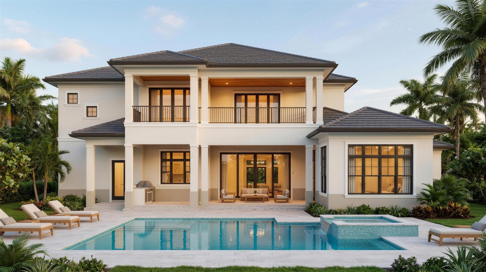 Custom estate home rear elevation with pool and spa, drafted by Blue Line Drafting