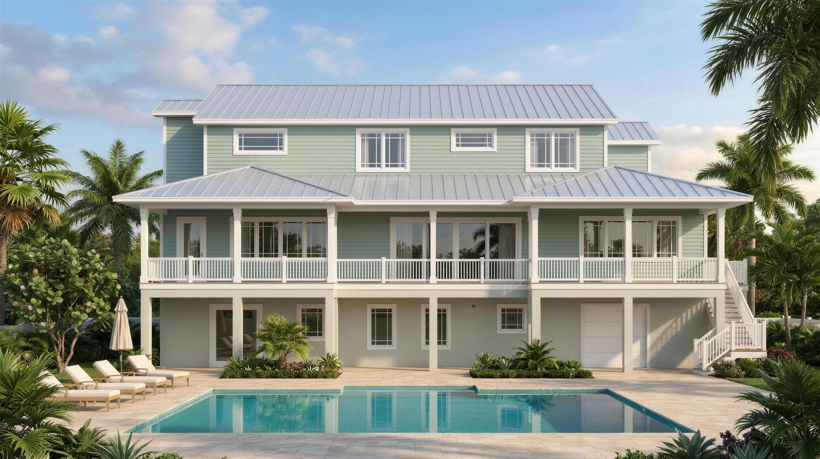 Coastal custom home rear elevation with wraparound porches and pool, drafted by Blue Line Drafting
