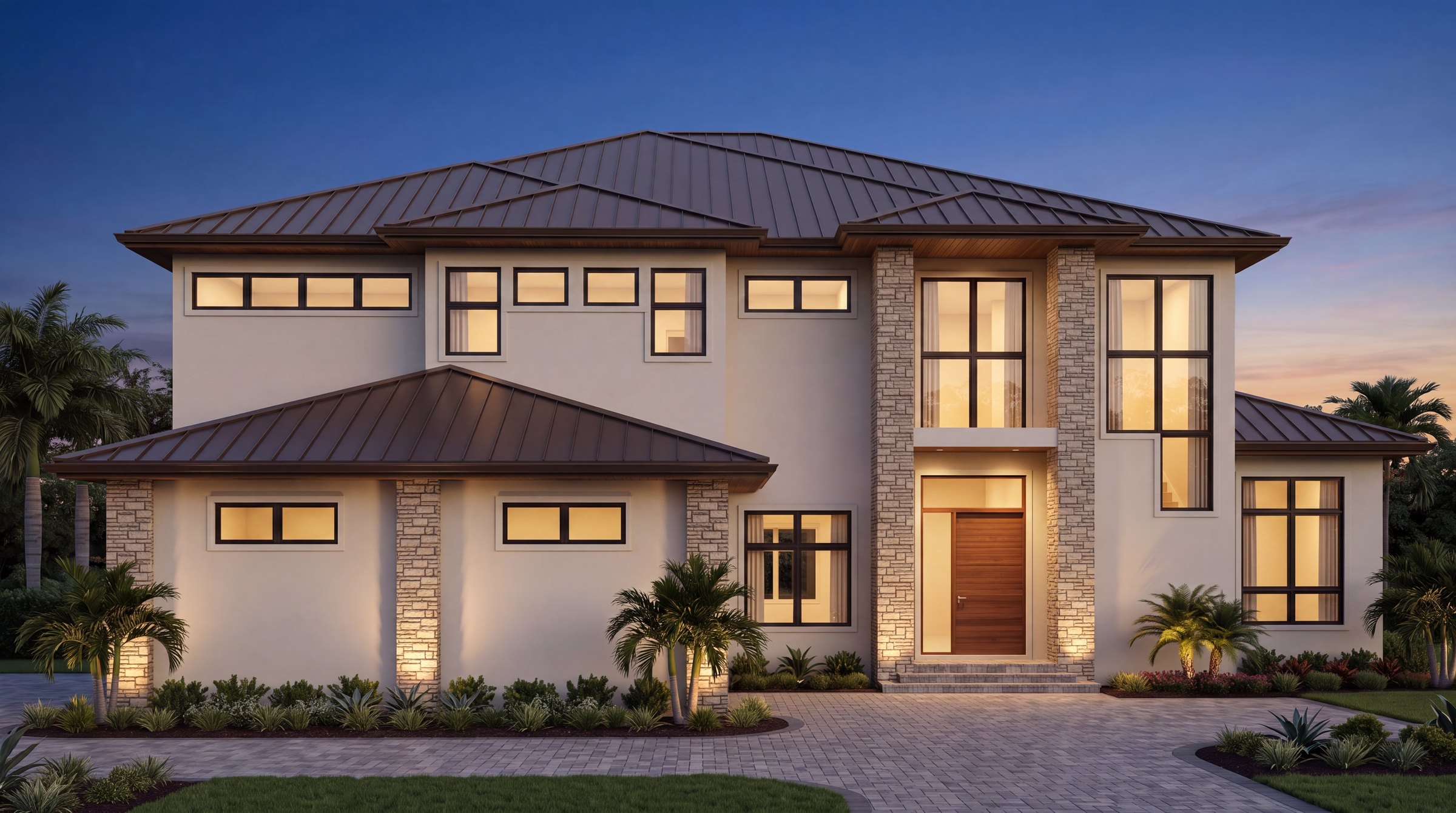 Twilight rendering of a two story custom home with metal roof, drafted by Blue Line Drafting