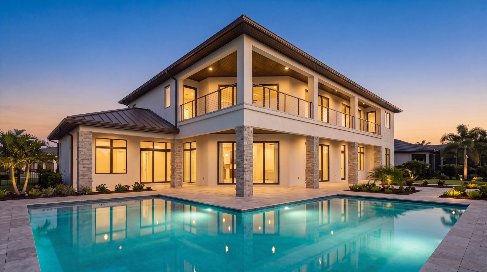 Twilight rear elevation of a two story custom home with a pool and covered lanai, drafted by Blue Line Drafting