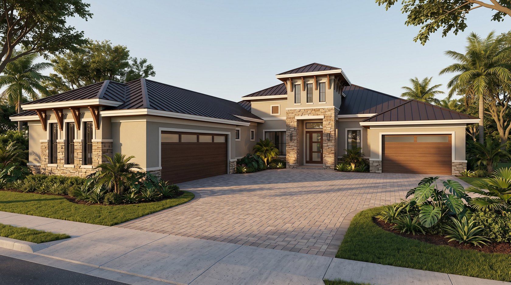 Custom home front elevation with a courtyard entry and two garages, drafted by Blue Line Drafting