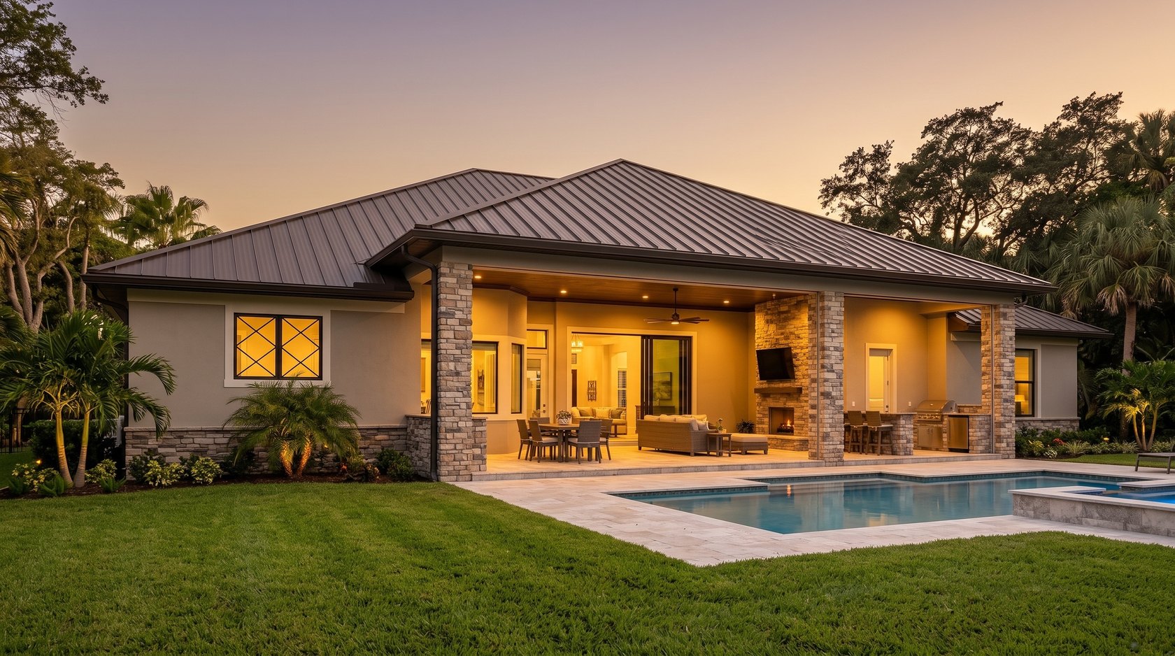 Outdoor lanai, pool, and covered living area, drafted by Blue Line Drafting