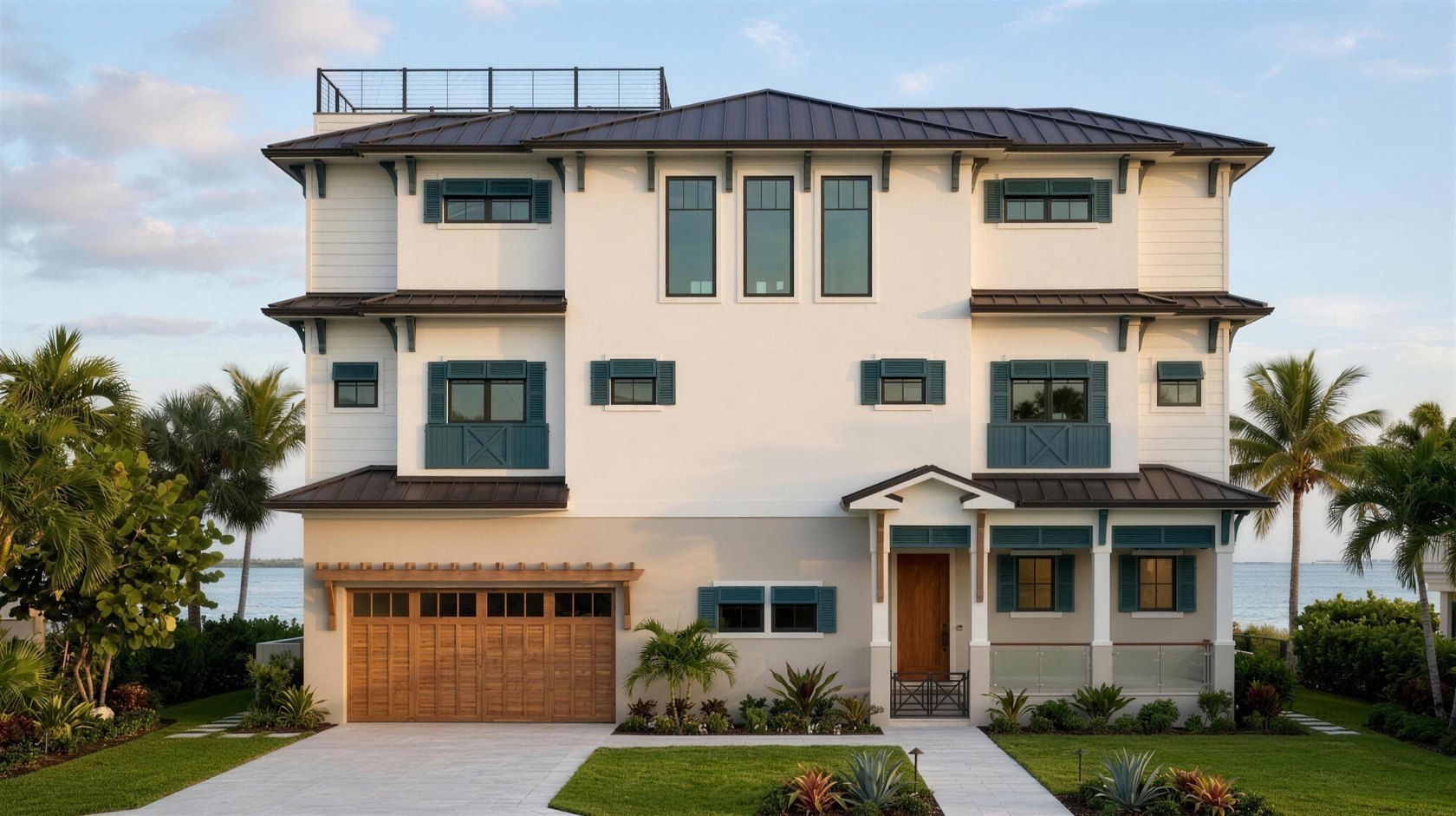Three story coastal custom home with shutters, drafted by Blue Line Drafting