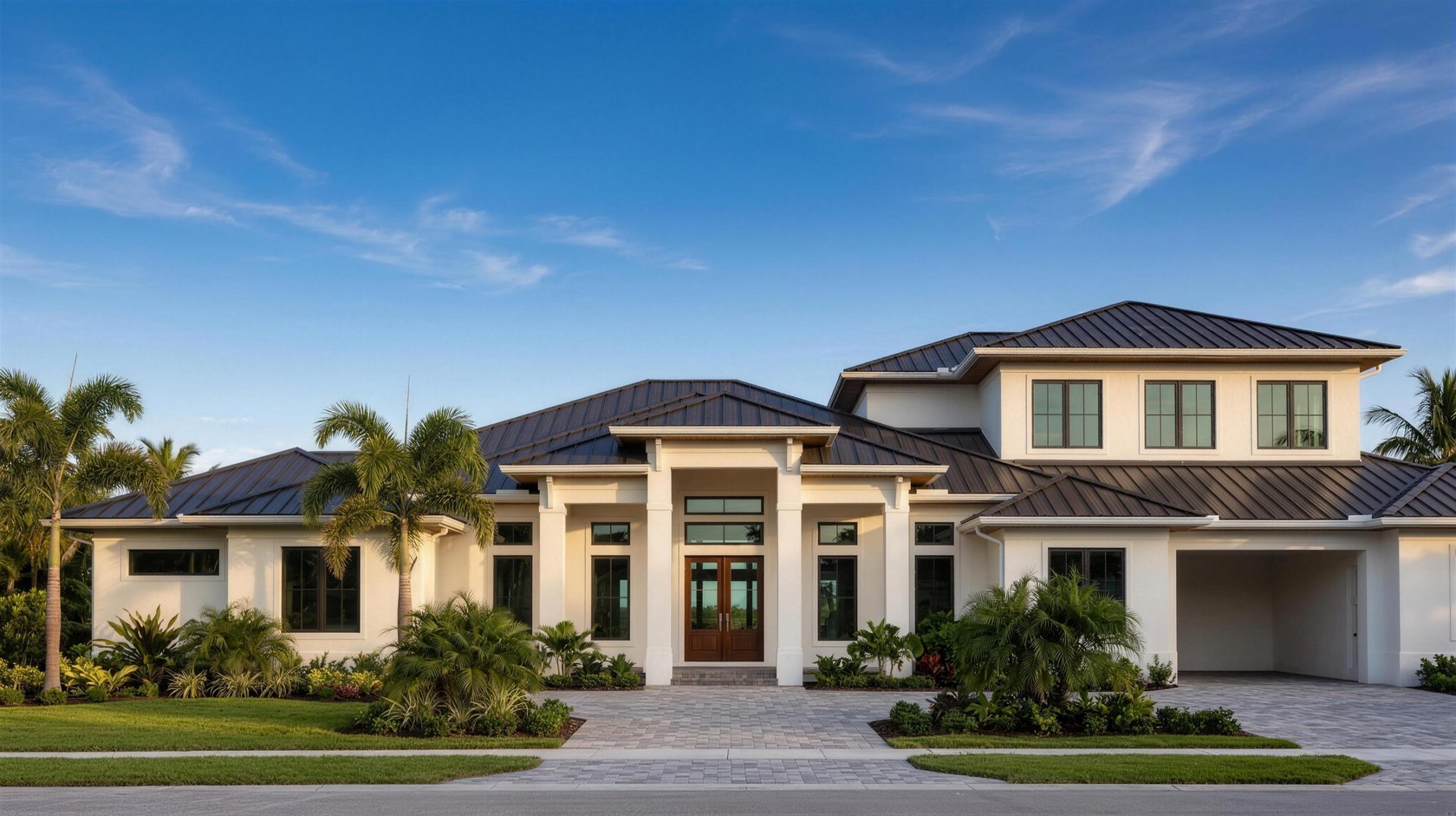 Custom estate home front elevation, drafted by Blue Line Drafting