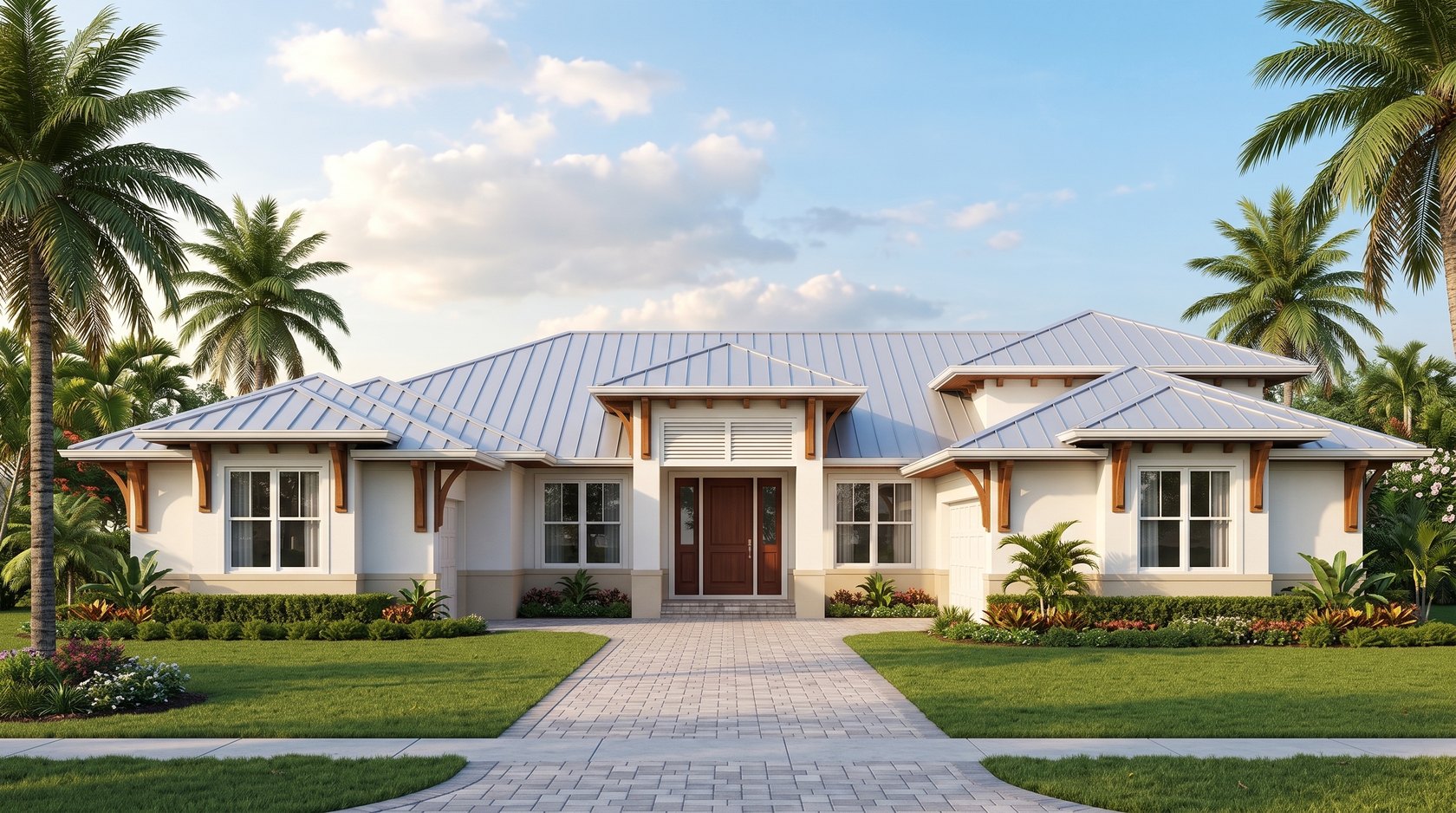 Waterfront custom home front elevation, drafted by Blue Line Drafting