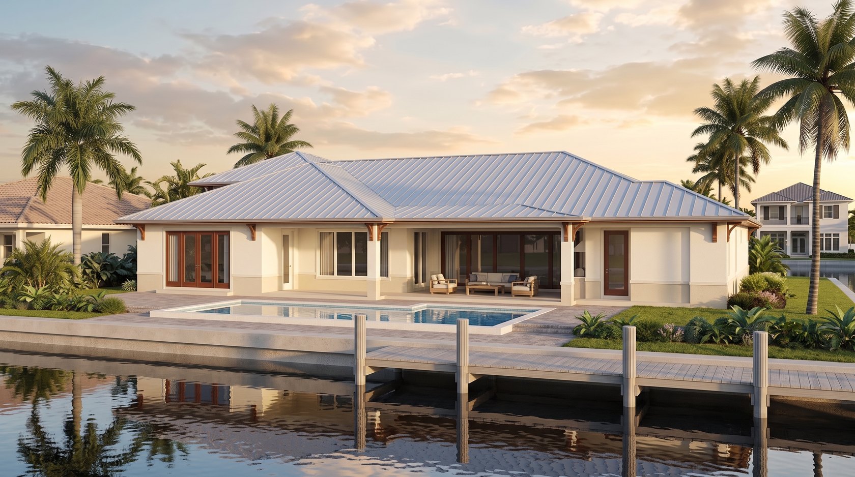Waterfront canal home elevation, drafted by Blue Line Drafting