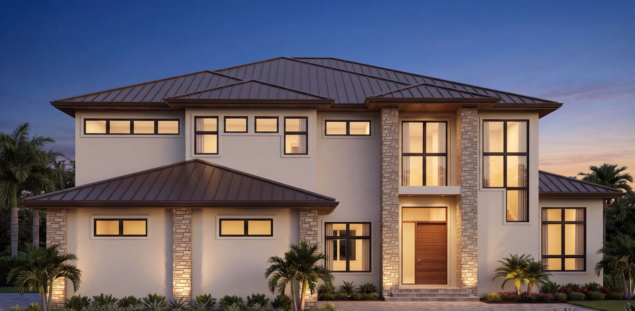Photoreal twilight rendering of a custom home by Blue Line Drafting