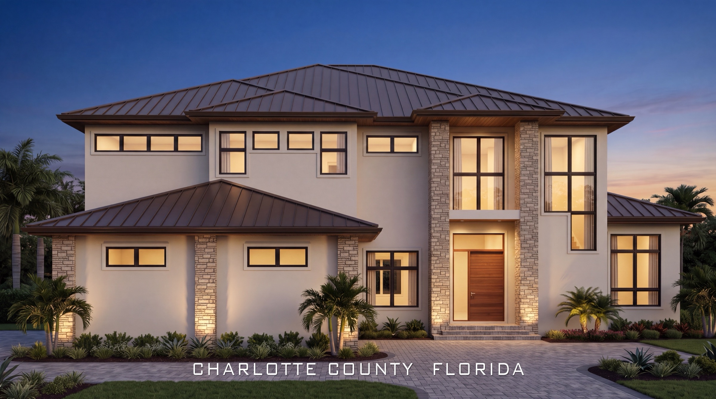 Photoreal twilight rendering of a custom Southwest Florida home designed by Blue Line Drafting