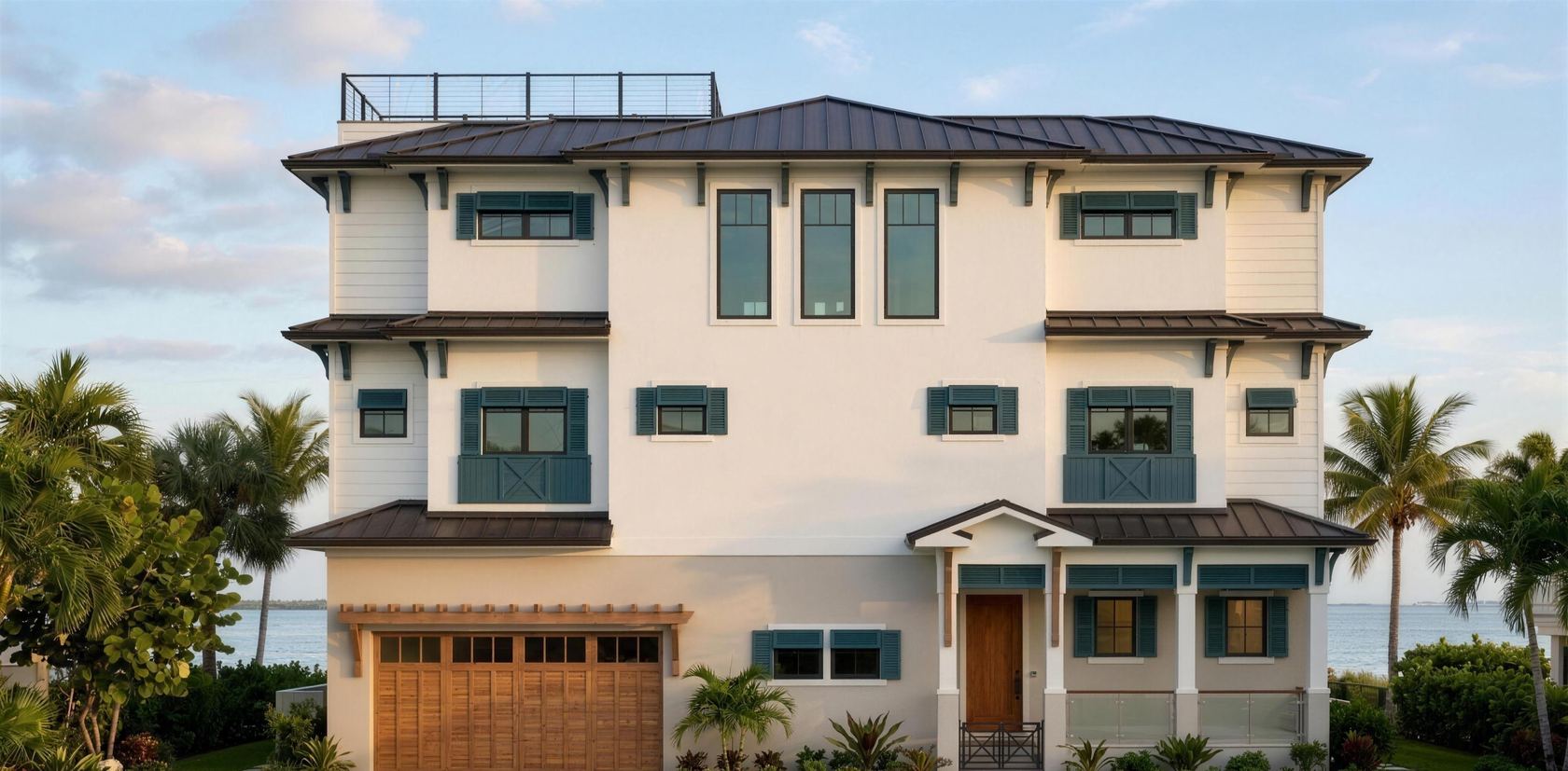Custom coastal home front elevation drafted by Blue Line Drafting