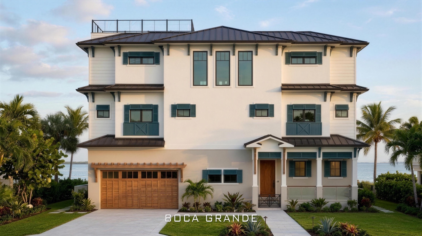 Custom coastal home front elevation drafted by Blue Line Drafting