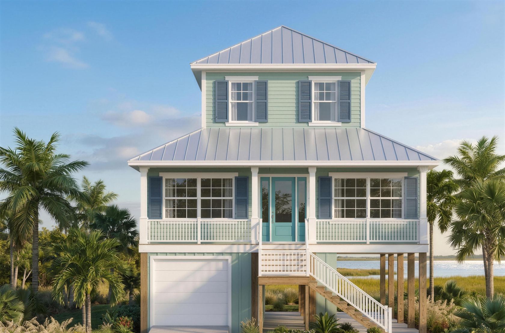 Island custom home elevation drafted by Blue Line Drafting