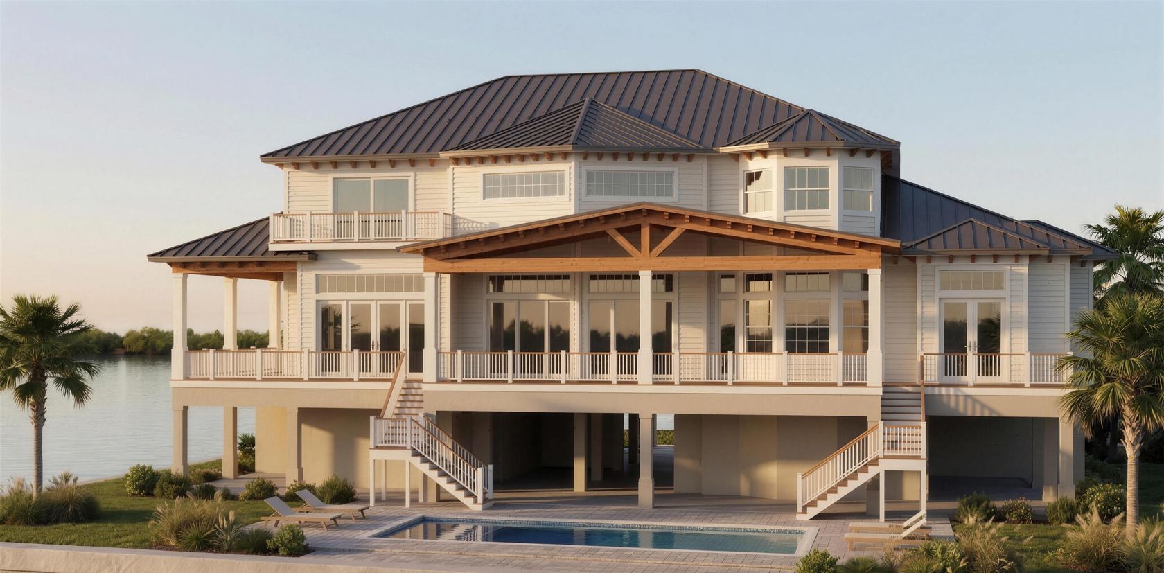 Coastal custom home rear elevation drafted by Blue Line Drafting